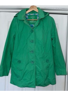 L.L. Bean Spring Hooded Button Jacket Green S Cotton Lined